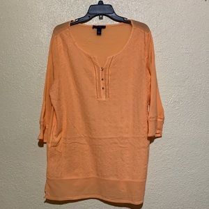 Bandolino Top Blouse Orange Size L Textured Embroidered Medalions 3/4 Sleeves